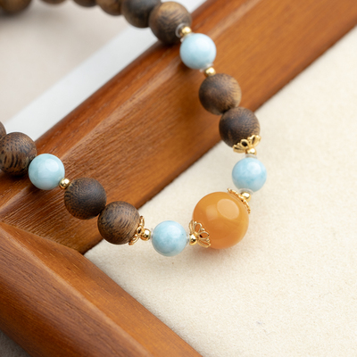 XIANYUAN/仙源莺歌绿奇楠9分结香沉香7mm海纹石蜜蜡圆珠单圈手串