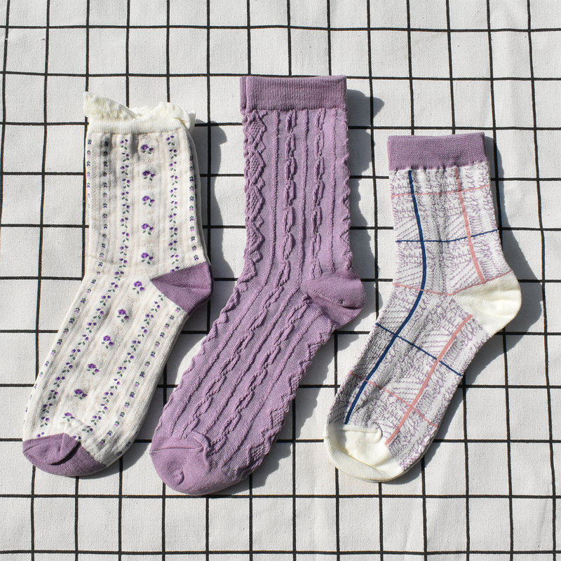 3双麻花纹女袜中筒袜纯棉白色学院风JK学生袜甜美百搭长袜花边袜