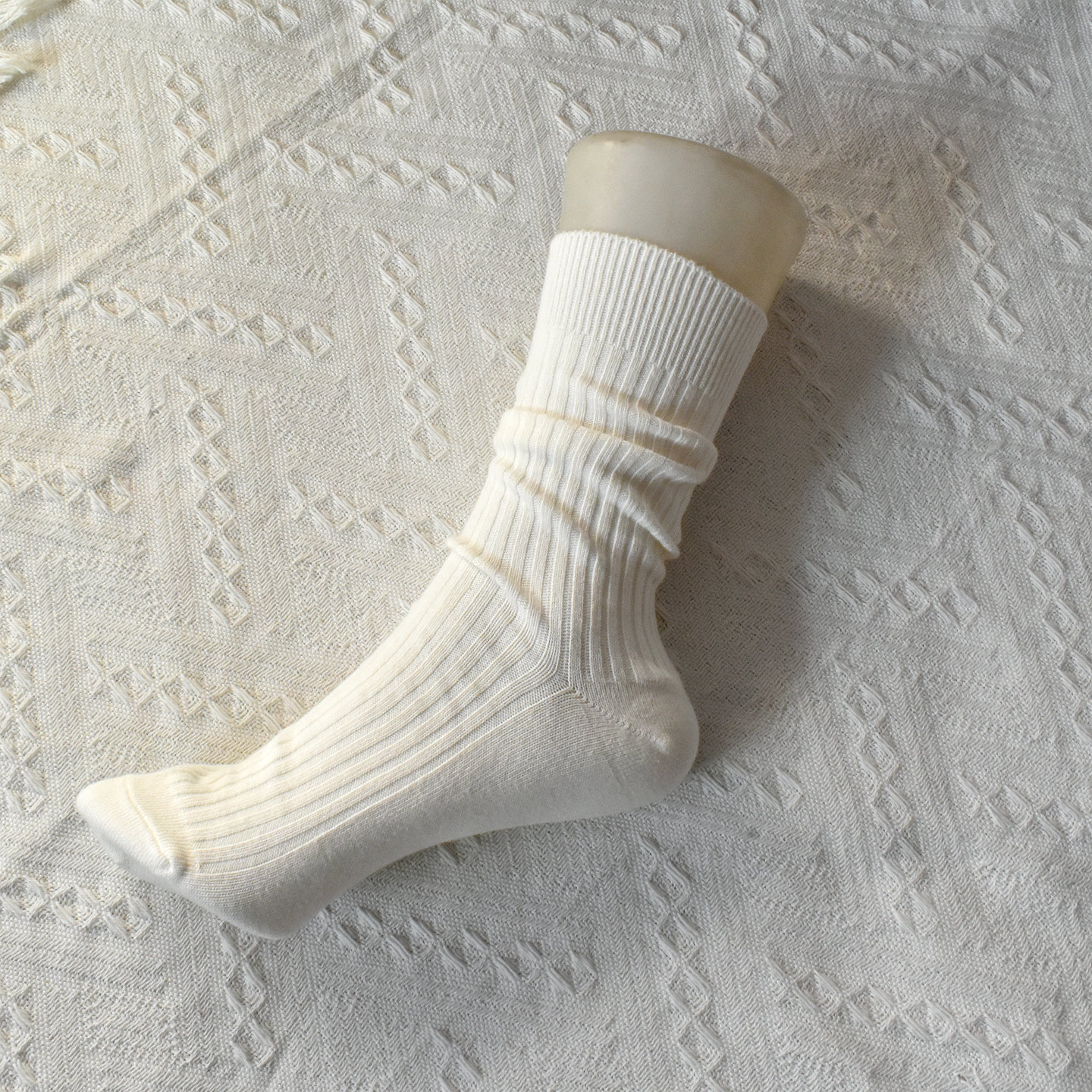 棉花色原白双针加厚中筒袜女袜