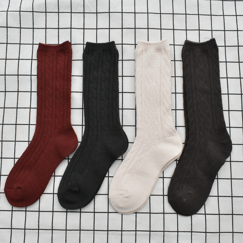 日系女袜麻花纹中筒羊毛点子纱竖条纹百搭保暖秋冬靴袜外贸堆堆袜