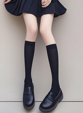 女士小腿袜黑色精梳棉纯色长筒袜及膝袜吸汗学院风女袜显瘦JK袜子