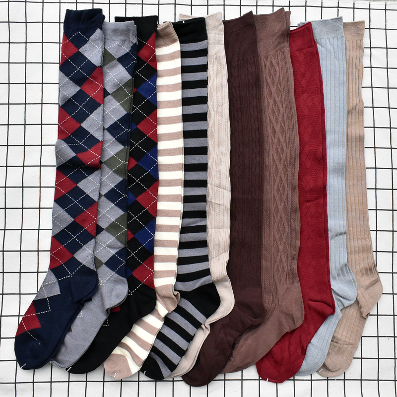 女士长筒袜过膝格子麻花纹竖条纹JK袜子高筒文艺袜英伦风长袜菱形