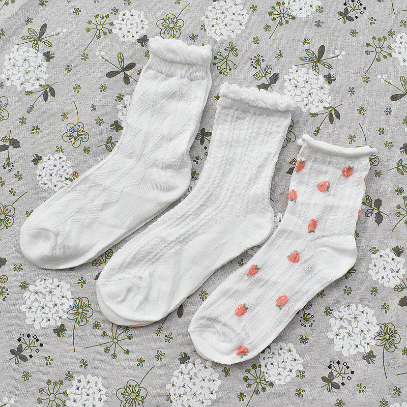 花边袜子中筒袜女袜洛丽塔浮雕袜白色草莓麻花纹jk甜美搭配玛丽珍