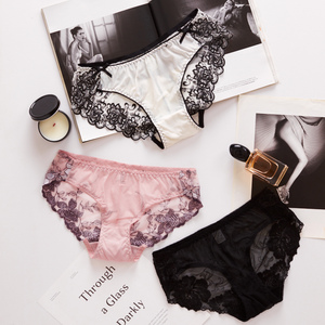 日系蕾丝内裤女性感三角裤纯棉裆大码透明少女底裤蕾丝低腰火辣薄