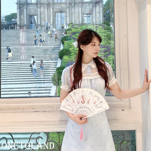 12Land独家 烟雨天青 欧根纱蕾丝拼接系带收腰中国风碎花连衣裙夏