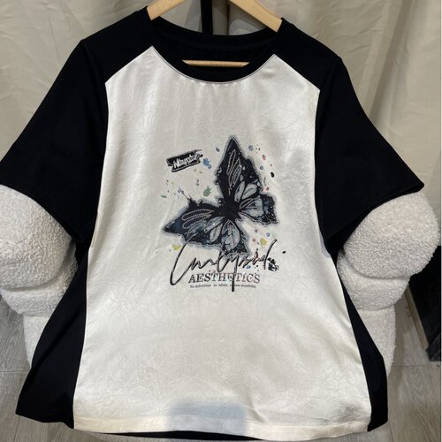 PWD33183【仅上衣】新款撞色拼接显瘦蝴蝶大码女装上衣【衣长68】