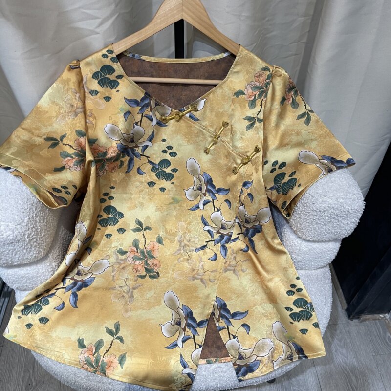 PWD33012【仅上衣】新中式国风高贵斜襟不规则短袖上衣【衣长71】