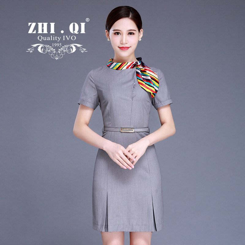 志琪品尚海航空姐制服浅灰暗条纹连衣裙酒店售楼部白领面试应聘女