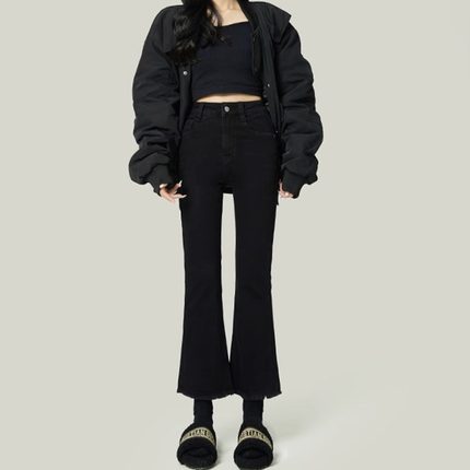 黑色微喇牛仔裤女八九分小个子2025秋冬季加绒高腰薄绒显瘦喇叭裤