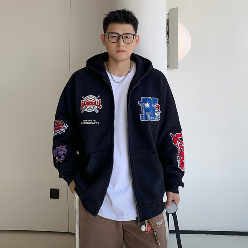 美式嘻哈刺绣连帽开衫卫衣男秋季潮牌胖子加肥加大码宽松休闲外套