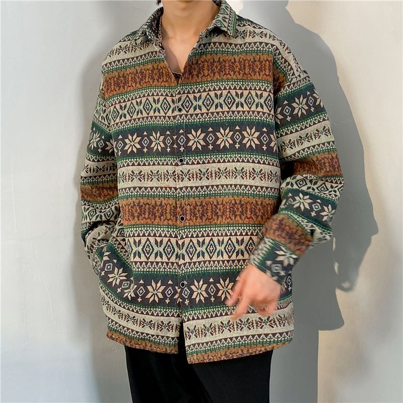 春季复古民族织绣长袖衬衫男古着vintage宽松巴毛呢衬衣外套
