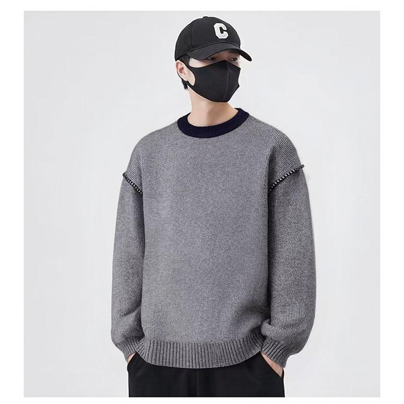 冬季老钱风撞色手工明线圆领套头重磅氛围感男女情侣毛衣针织衫