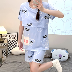 产后月子服孕妇产妇胸垫喂奶吃母乳两件套夏季 薄款 哺乳睡衣女短袖