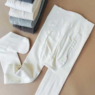 纯棉螺纹竖条纹打底裤 袜燕麦白 加薄绒微压收腹提臀不掉裆踩脚连裤