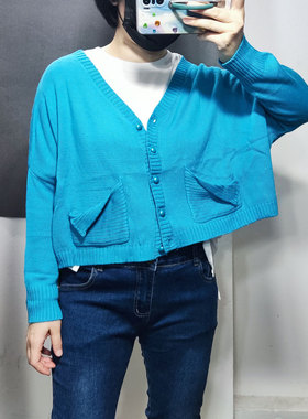 宽松 短款长袖开衫 高腰毛衣 少女感减龄港版破口袋网红潮X200106
