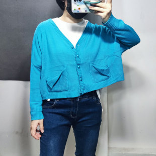 宽松 短款长袖开衫 高腰毛衣 少女感减龄港版破口袋网红潮X200106