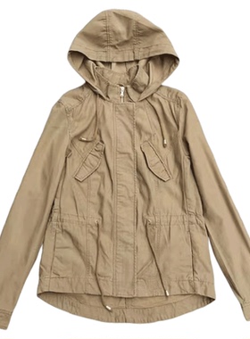 外贸水洗纯棉工装连帽外套短风衣抽绳收腰小个子W190403KK