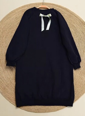 圆领抓绒卫衣长款过膝 加绒 厚实背后蝴蝶结女款秋W191003