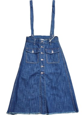 日单外贸复古排扣高腰半身裙牛仔中长背带可拆女W190202KK