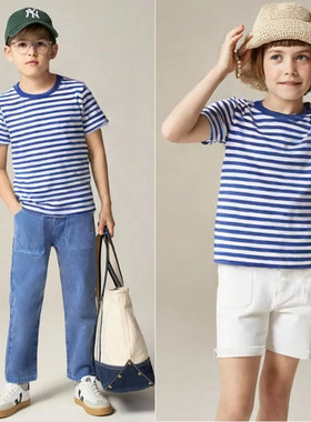 男女童全棉圆领短袖T恤 儿童纯棉蓝白条纹110-150码宝宝 GC208