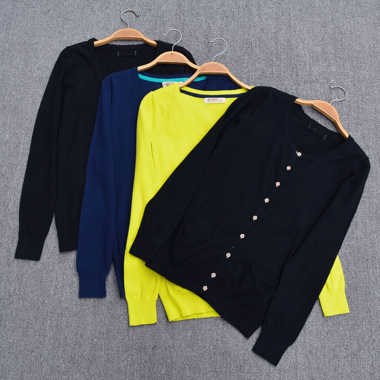 圆领V领纯棉长袖开衫针织衫女黑