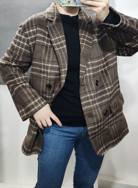 纯羊毛双面尼大衣高档双排扣西装厚实复古格子宽松Z050401 GC199