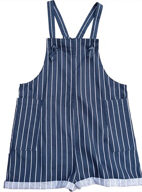 棉麻背带裤宽松阔腿短裤五分裤条纹外贸亚麻女大码W190102