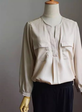 出口欧美 九分袖V领 大口袋雪纺衬衫女 休闲大码Z050501三件包邮