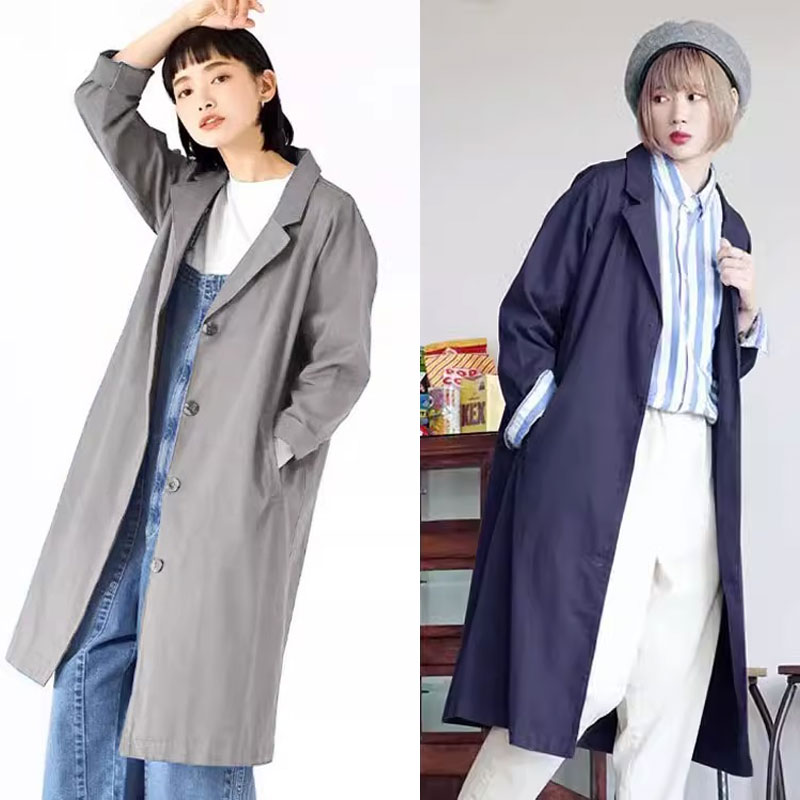 纯棉长款过膝风衣精梳棉宽松外套日单外贸薄春秋X200105三件包邮
