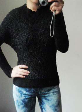 外贸原单 毛绒蝙蝠袖长袖毛衣 修身显瘦 黑色 有大码 Z050404