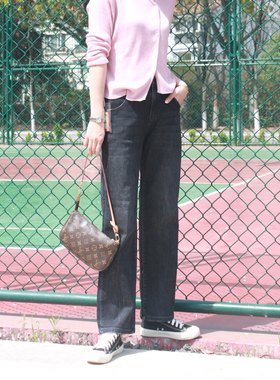 minibrand新款黑灰色春款松紧腰高腰显瘦直筒阔腿拖地牛仔裤