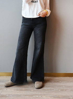 minibrand新款牛仔裤黑灰色中腰大长腿弹力显瘦喇叭裤牛仔裤女