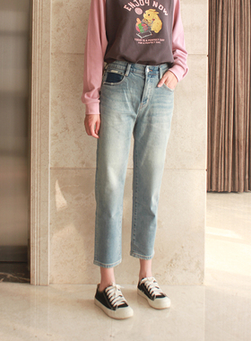 minibrand新款春款浅色撞色松紧高腰小宽松直筒牛仔裤显瘦哈伦裤