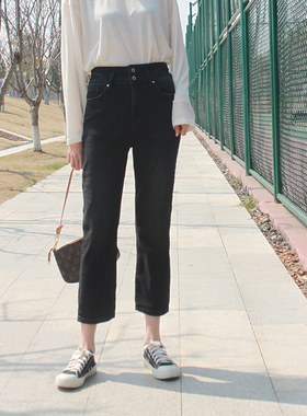 MINIBRAND新款黑灰色双扣松紧腰九分显瘦高腰小烟管直筒牛仔裤