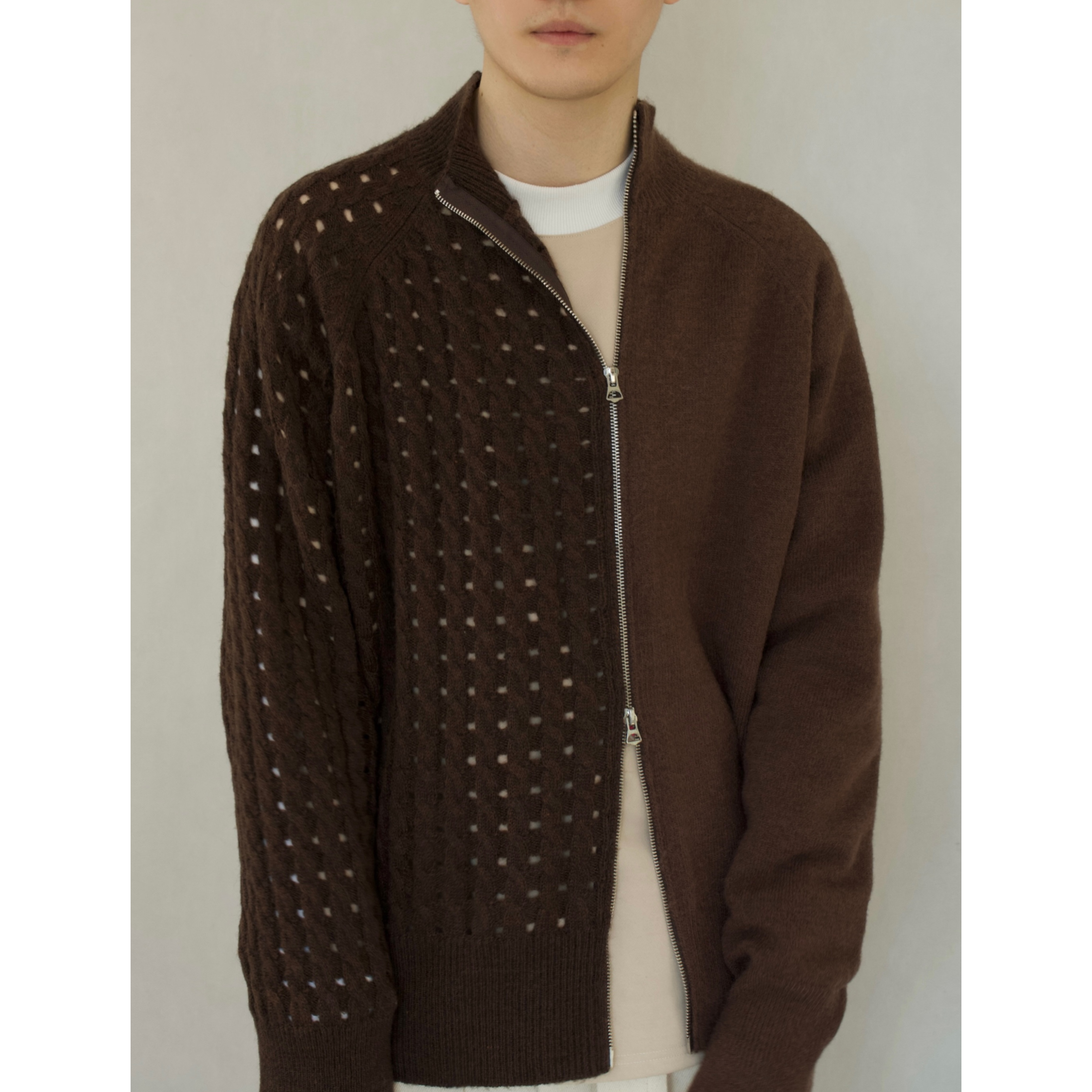 YOWSAH 23秋冬中性羊毛马海毛混纺拼接开衫针织衣毛衣 棕咖色