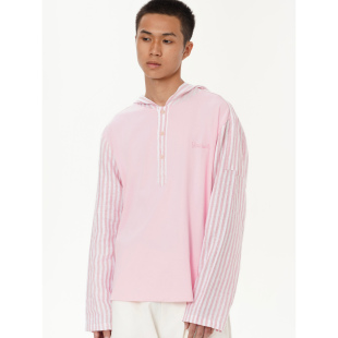 wave系列 男女同款 YOWSAH 法国麻条纹拼接针织全棉连帽粉色套头衫