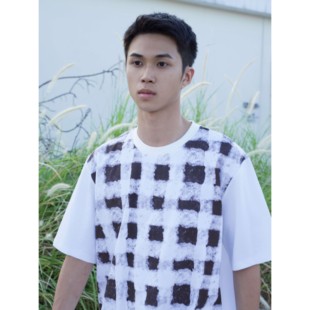 wave系列 全棉针织T恤男女同款 YOWSAH 植物染咖色方块印花短袖