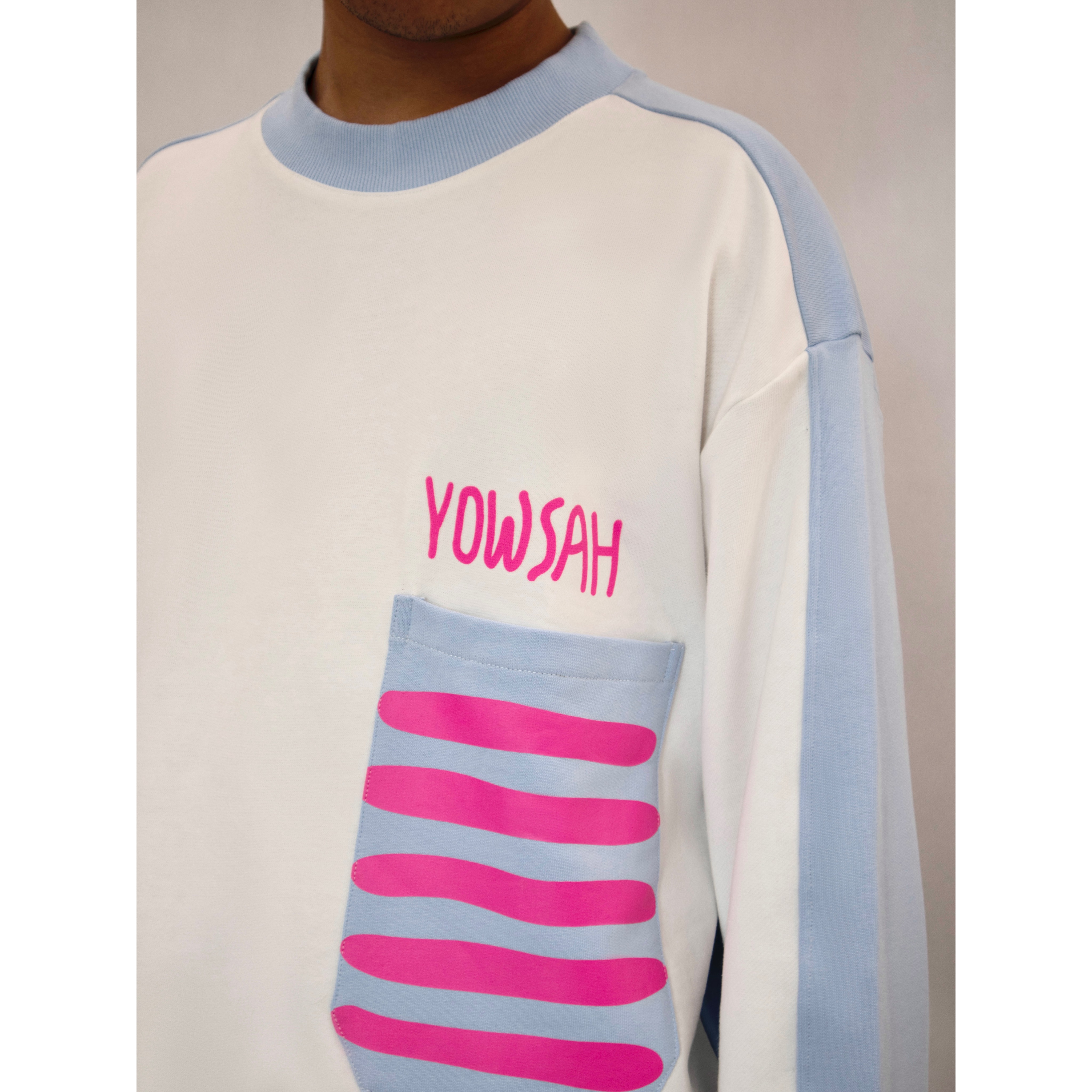 YOWSAH 粉色手绘条纹胸袋拼接圆领320g重磅全棉针织长袖T恤