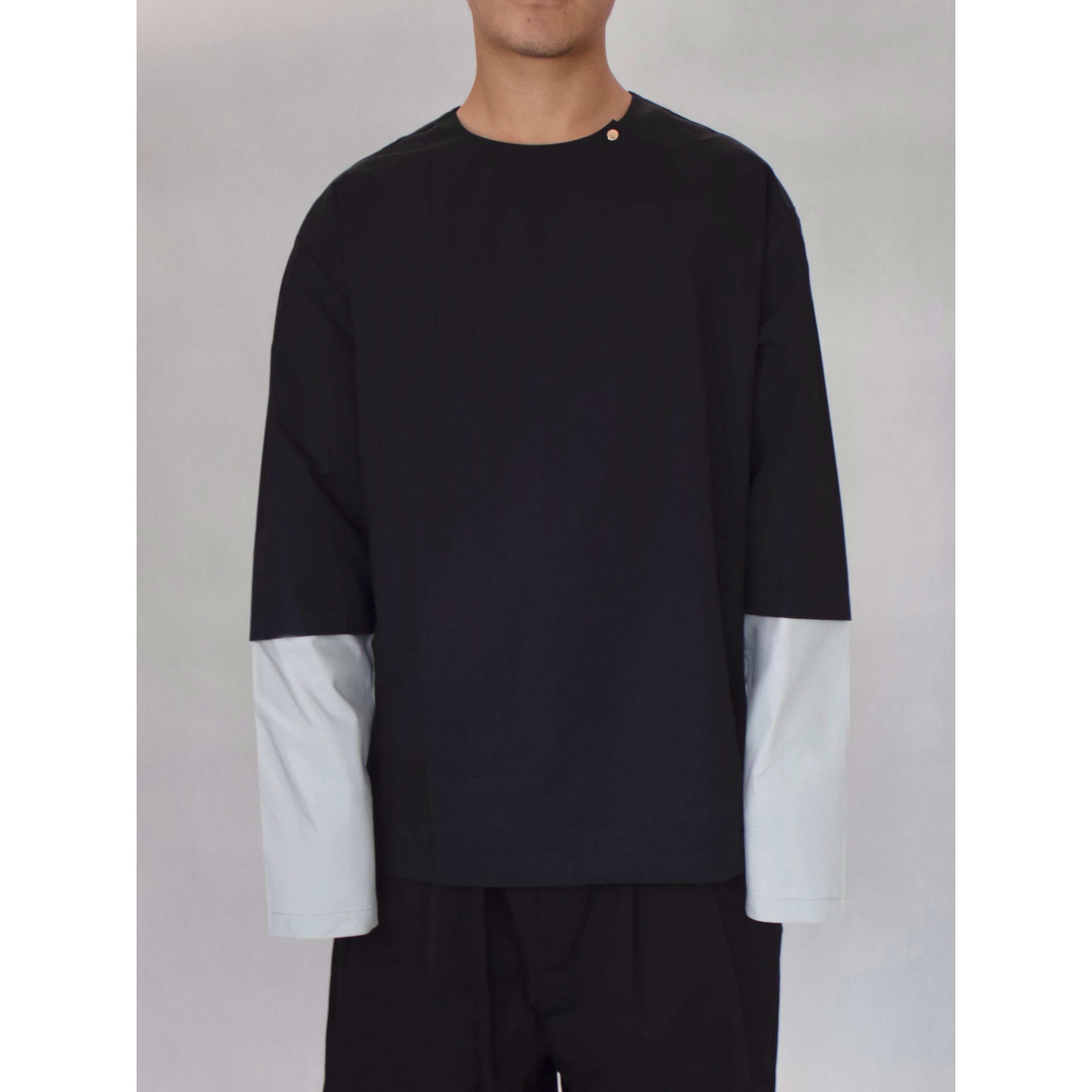 YOWSAH 高支高密纯棉灰色拼接袖口圆领黑色衬衫 黑色衬衣