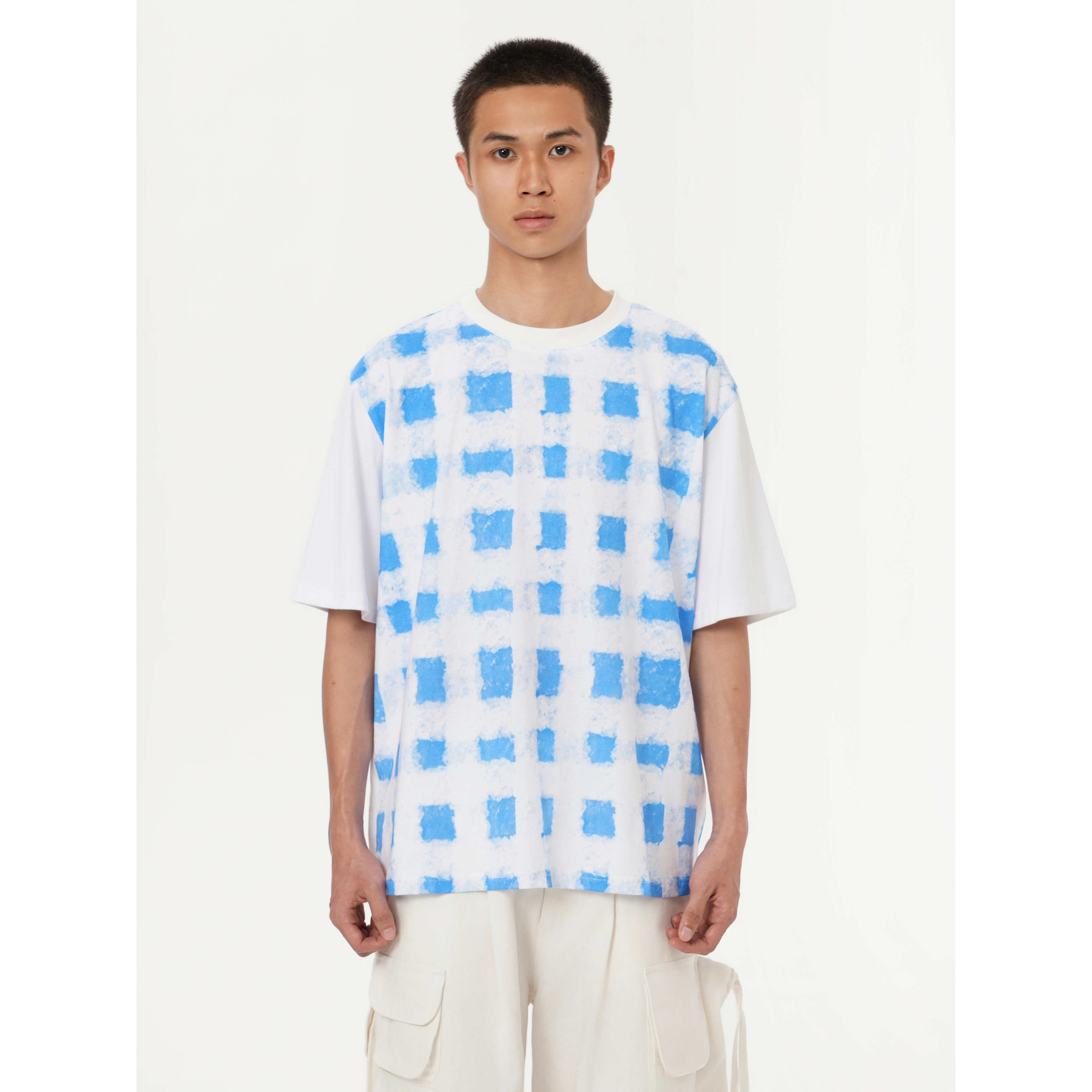 YOWSAH 植物染蓝色方块印花短袖全棉针织T恤男女同款 wave系列