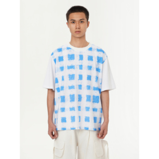 wave系列 全棉针织T恤男女同款 YOWSAH 植物染蓝色方块印花短袖