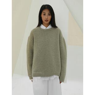 YOWSAH 羊毛混发手工撞色缝线补丁毛衣 复古青