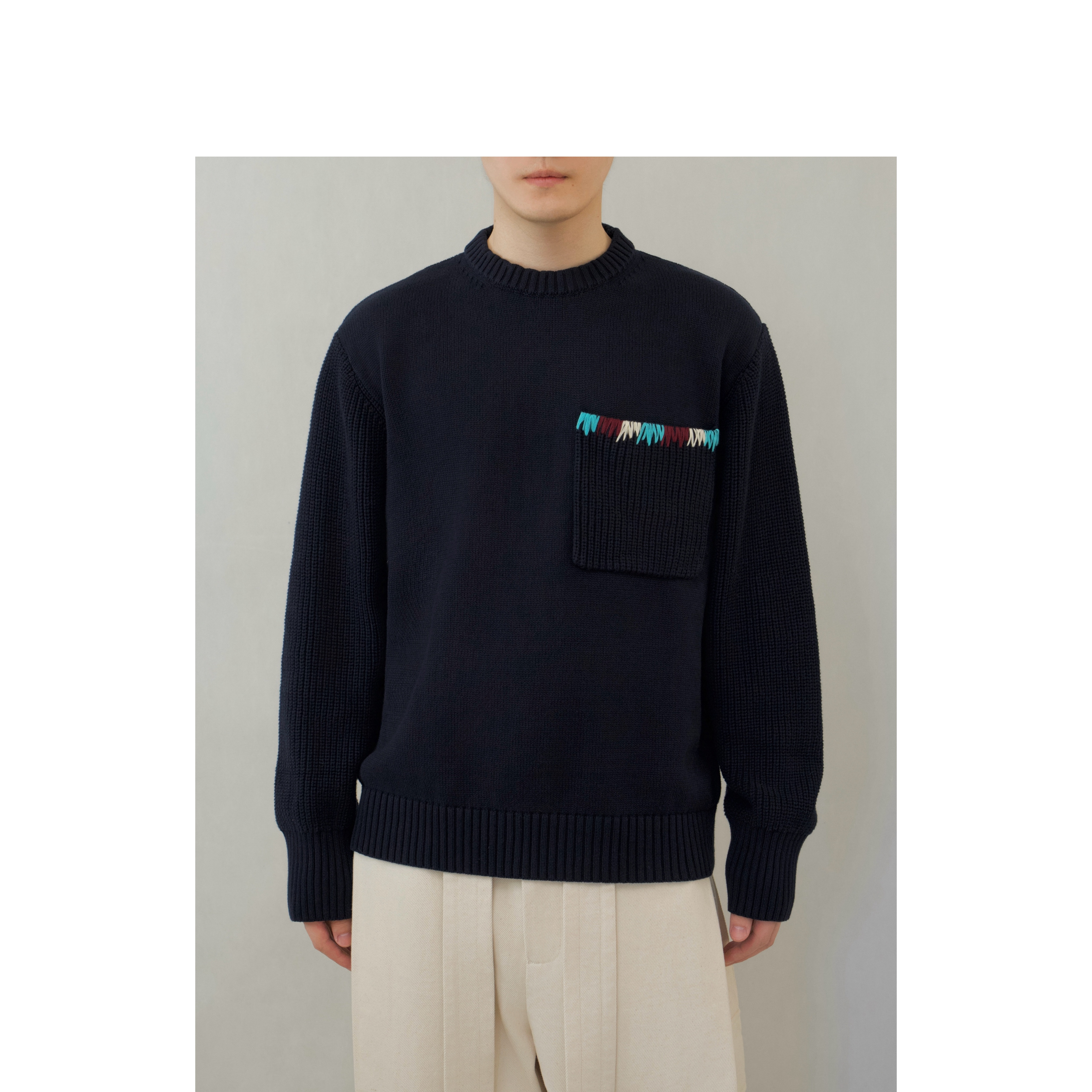 YOWSAH 彩色手工编织胸袋粗细针拼接圆领套头针织毛衣 藏蓝色