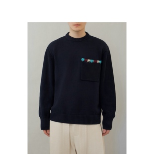 YOWSAH 彩色手工编织胸袋粗细针拼接圆领套头针织毛衣 藏蓝色