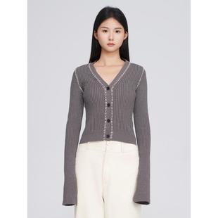 YOWSAH 烟灰 手工撞色缝线粗坑条单排扣针织毛衣开衫