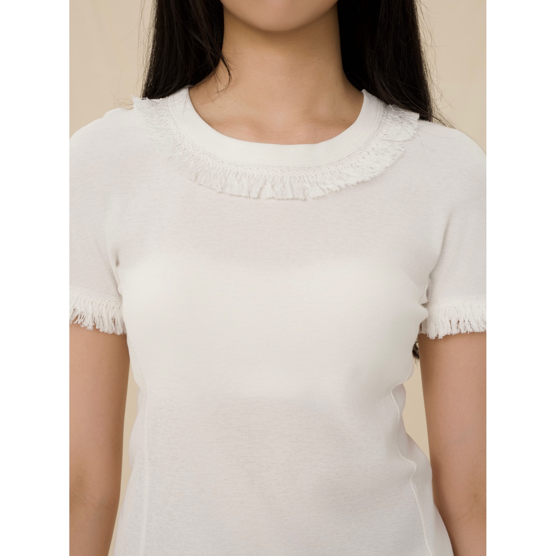 YOWSAH 流苏花边针织短袖T恤 白色