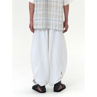 wave系列 白色男女同款 YOWSAH 法国麻轻盈爽肤廓型九分拱门长裤