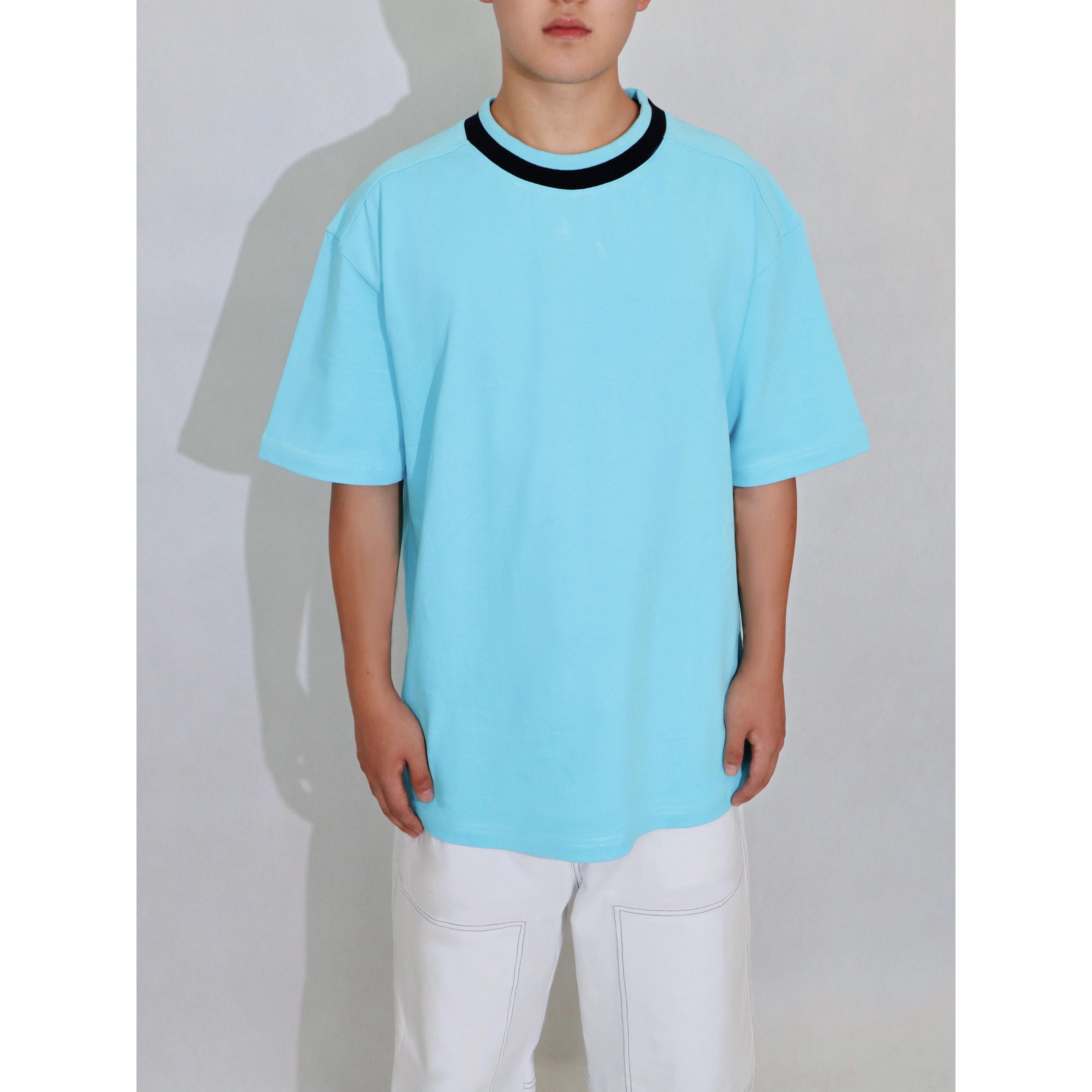 YOWSAH 300g重磅纯棉 碧海蓝拼接黑色圆领宽松T恤