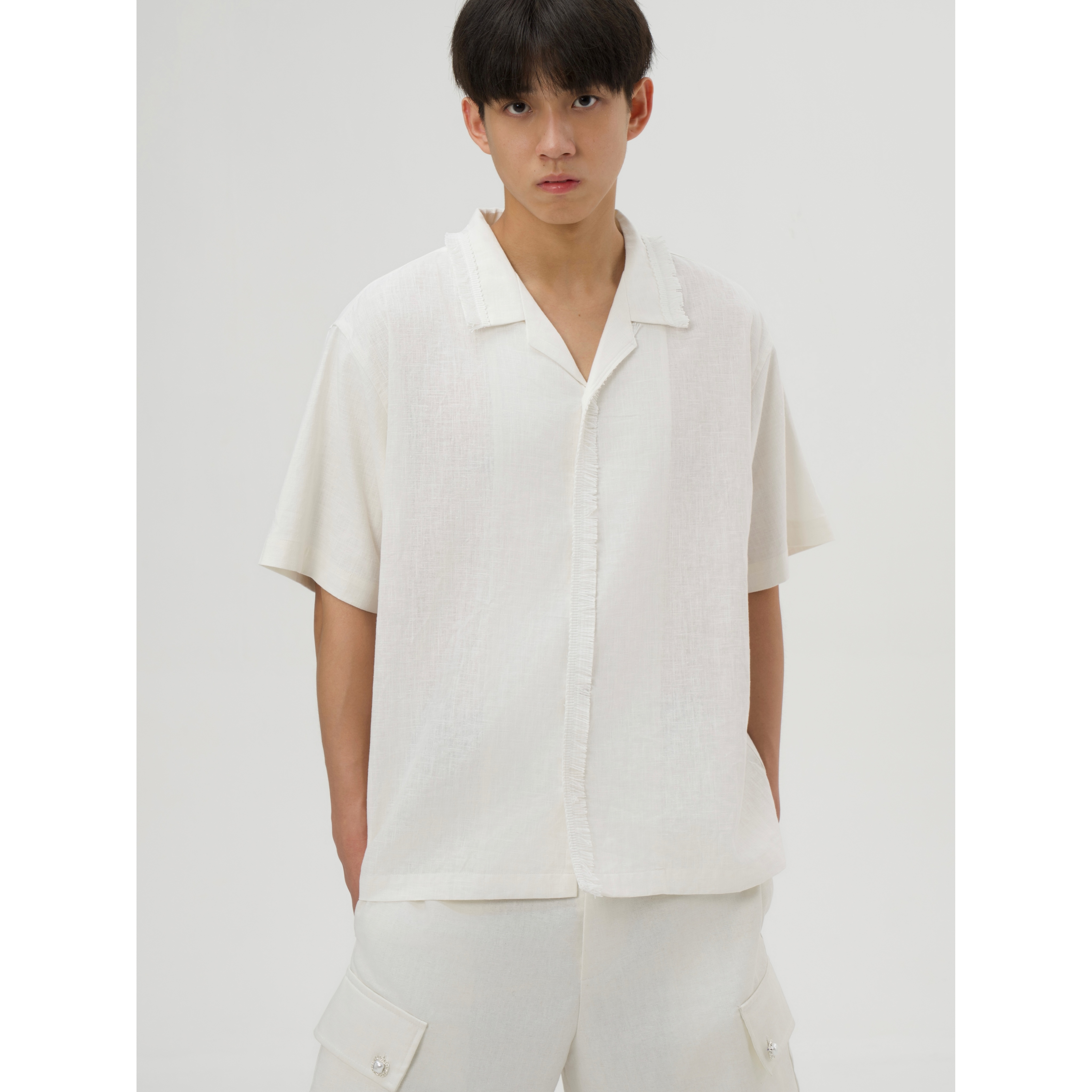 流苏短袖衬衫YOWSAH古巴领小清新