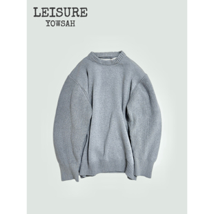 YOWSAH LEISURE进口有机棉纱线防静电粗针拼接袖圆领套头毛衣灰色